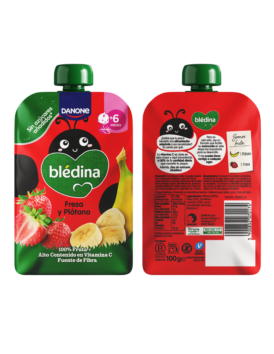 BLEDINA BOLSITA POUCH DE FRESA Y PLATANO +6 meses 100 gramos