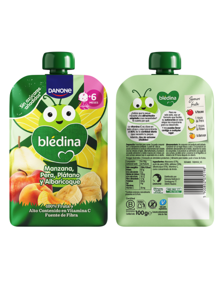BLEDINA BOLSITA POUCH DE MANZANA, PLÁTANO, PERA Y ALBARICOQUE +6 meses 100 gramos