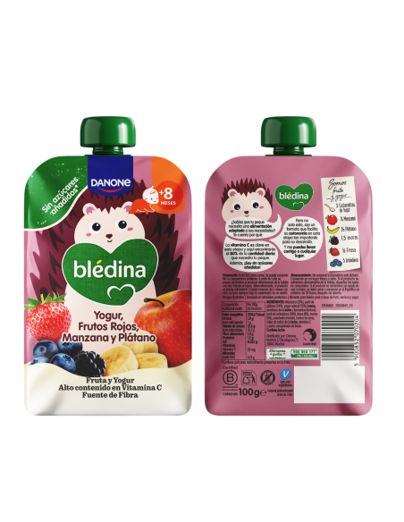 BLEDINA BOLSITA POUCH DE YOGUR, FRUTOS ROJOS, MANZANA Y PLÁTANO +8 meses 100 gramos