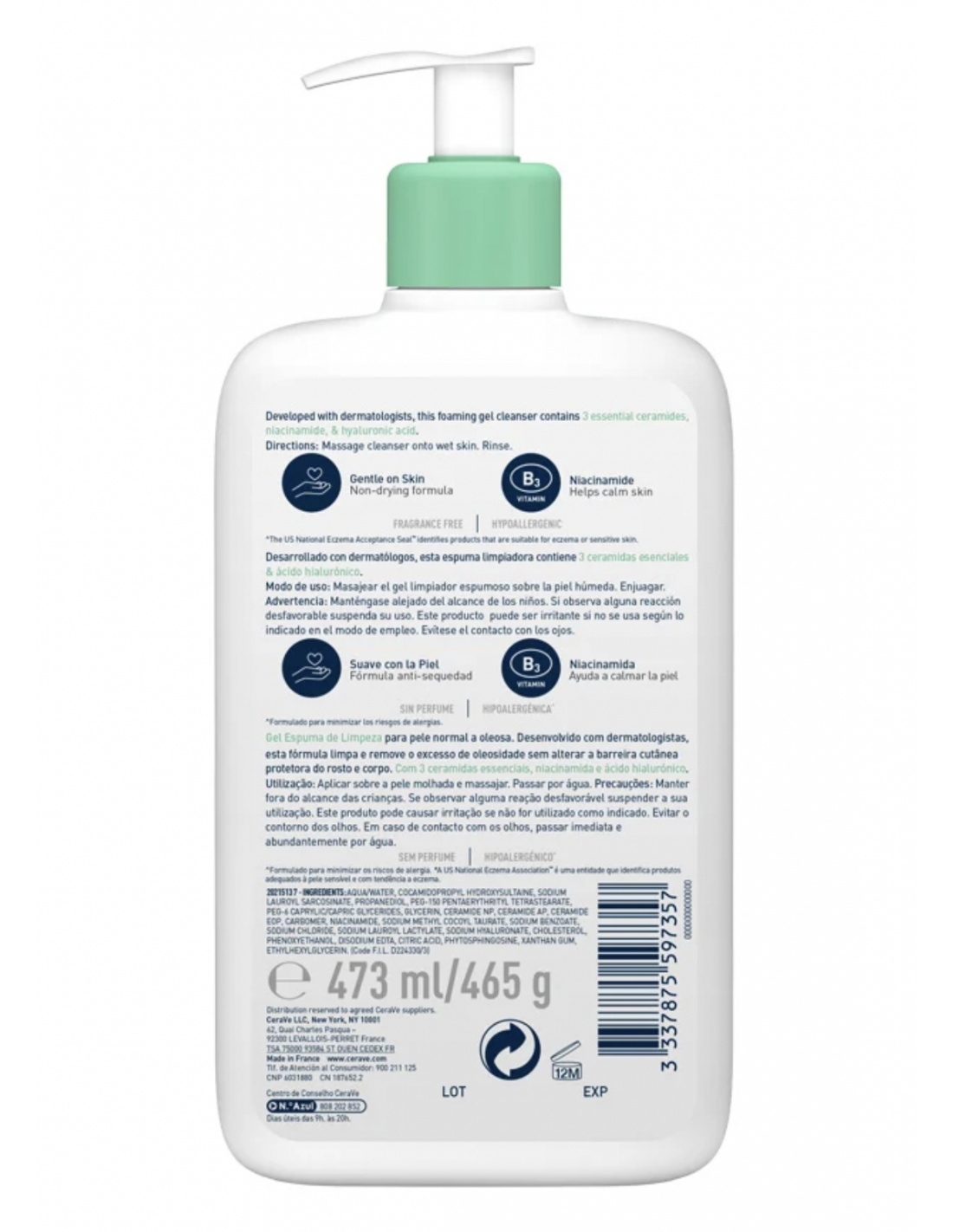 CERAVE GEL LIMPIADOR ESPUMOSO PARA ROSTRO Y...